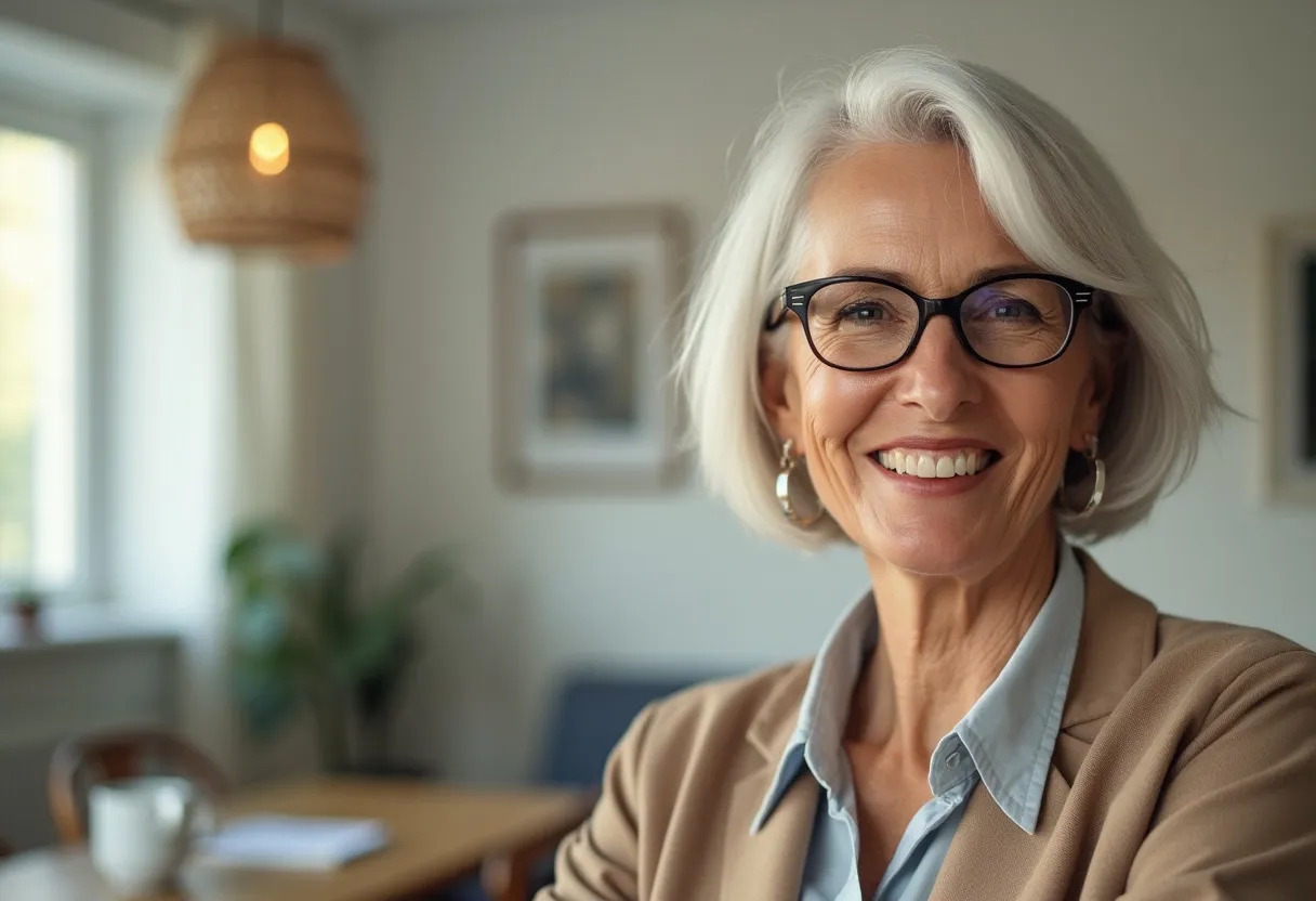 femme 60 ans coupe de cheveux lunettes