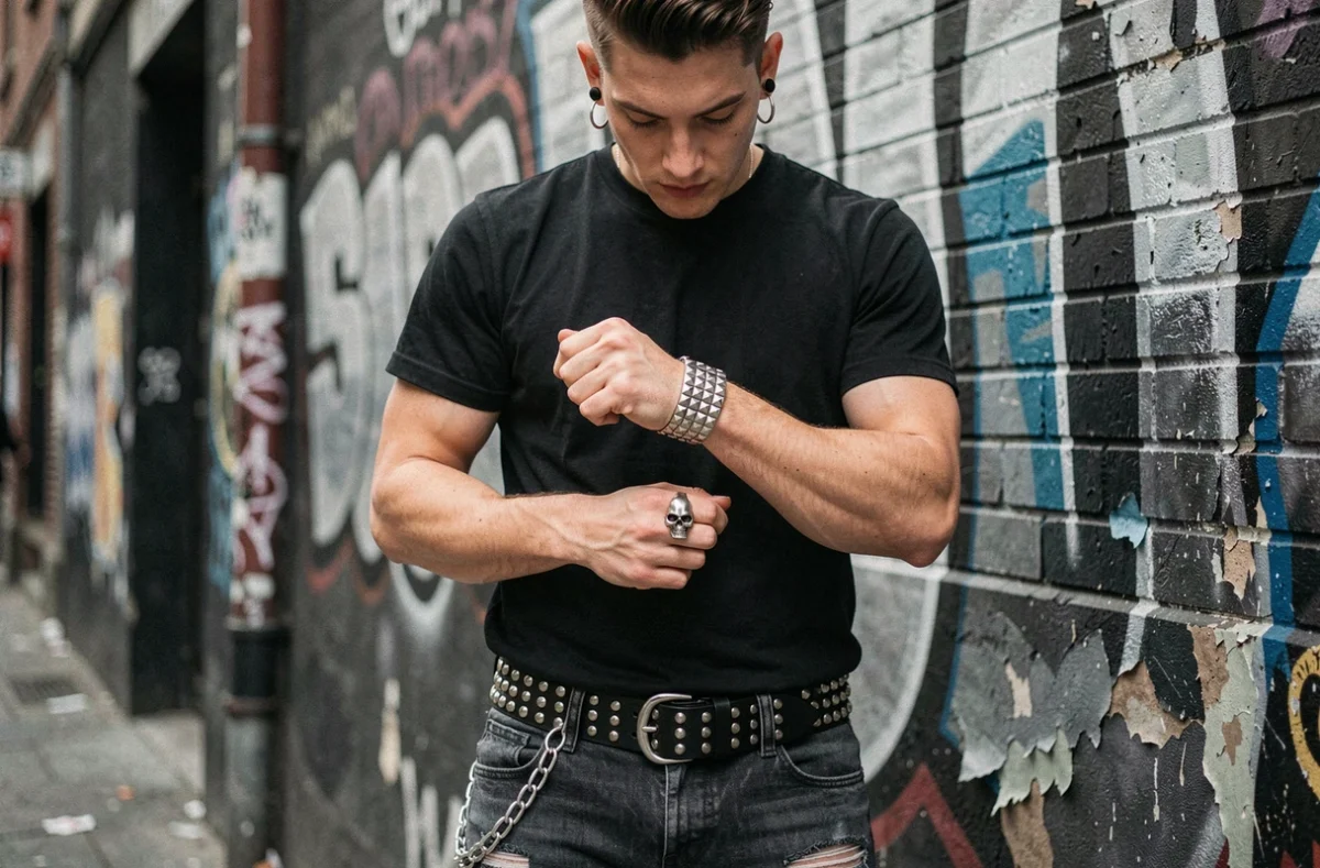 Jeune homme en style emo avec bracelet clouté, bague crâne et chaîne de ceinture devant un mur urbain grafé