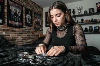 Jeune femme en tenue emo noire avec collier clouté et bracelets en cuir, entourée d'accessoires emo style sur velours sombre