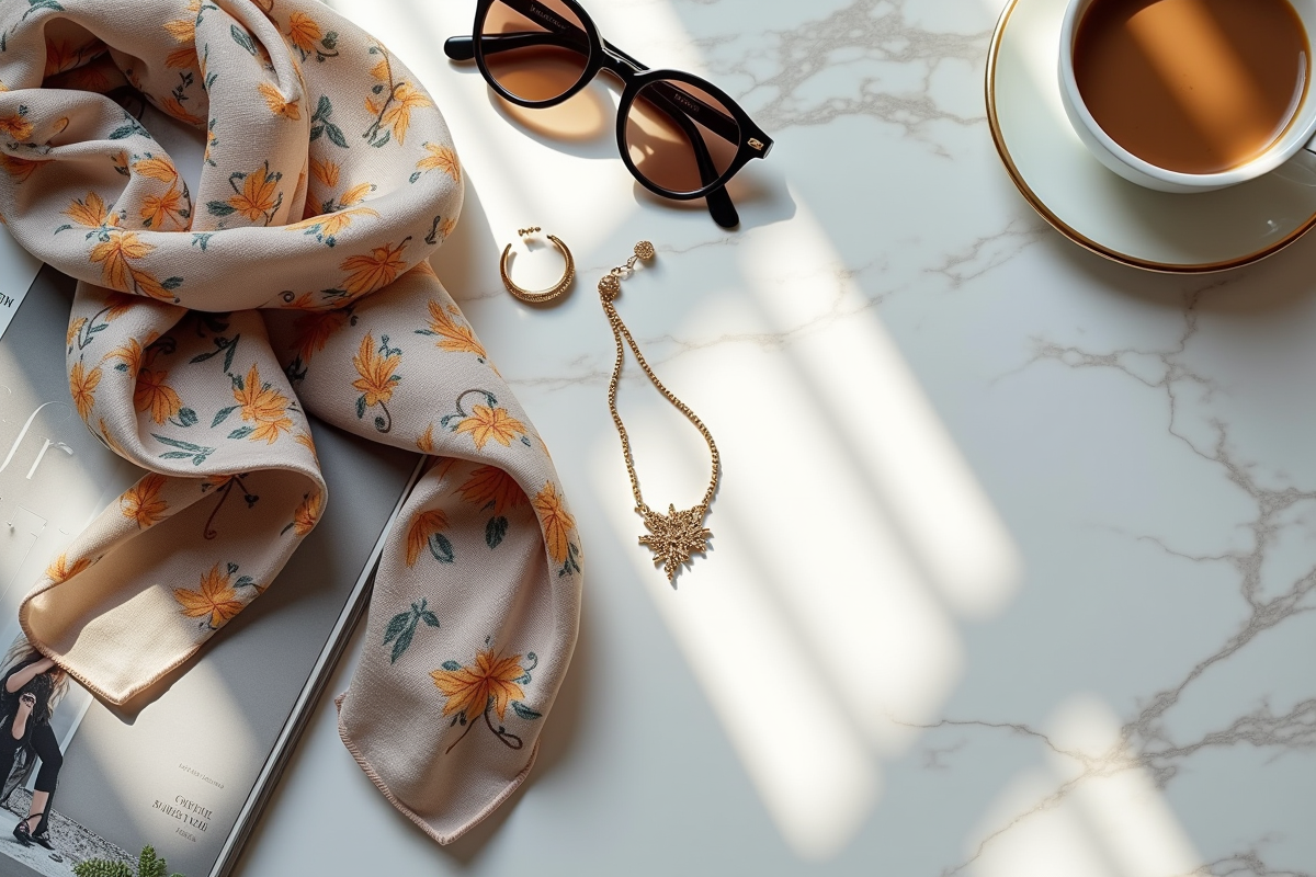 Foulard en silk avec lunettes de soleil et magazine mode