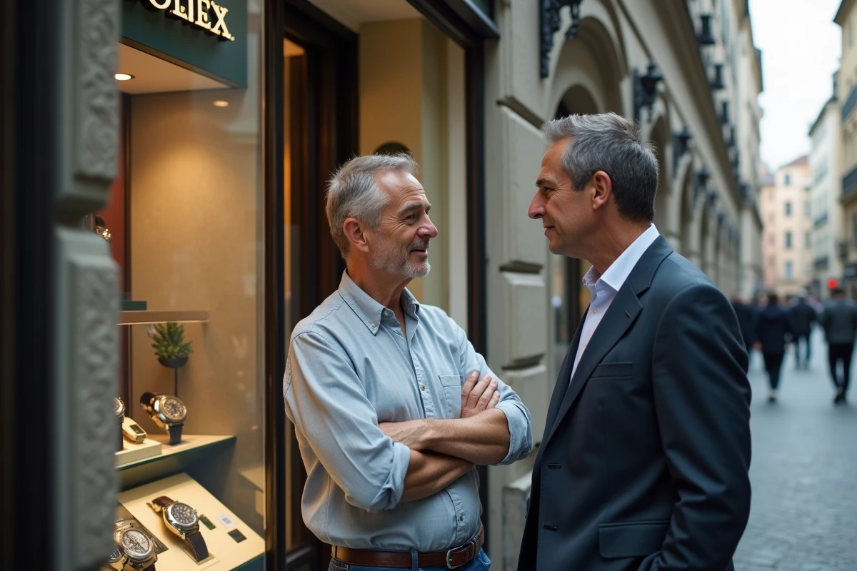 Deux hommes discutant devant une boutique de montres Rolex à Genève avec des montres exposées en vitrine