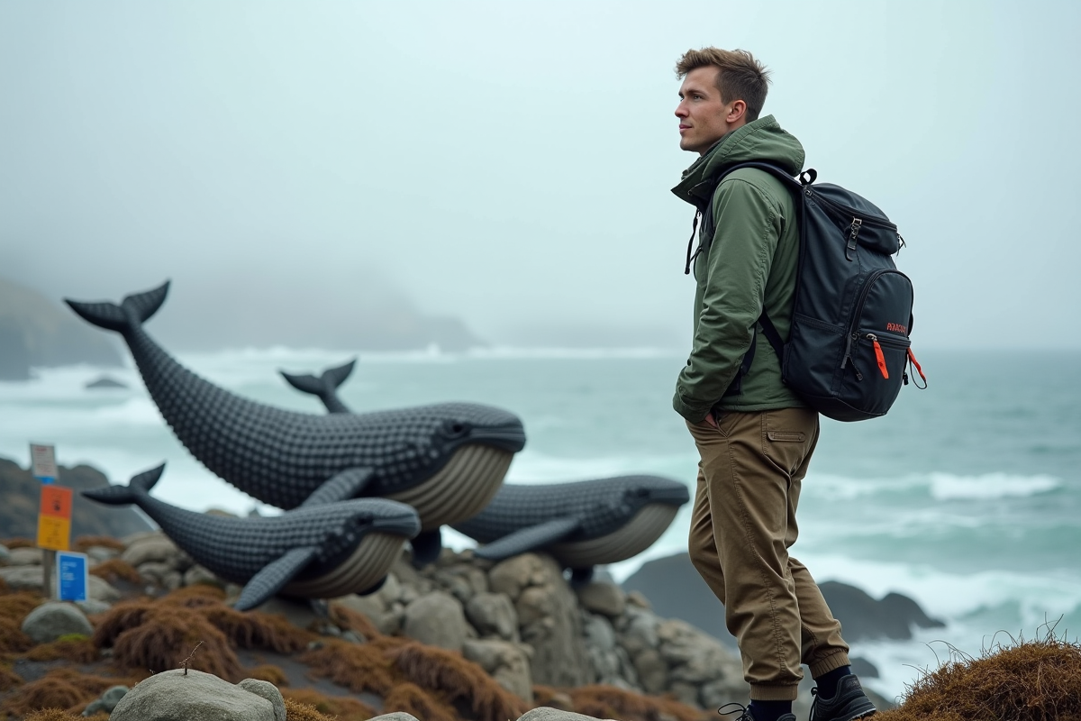 Jeune activiste face aux statues de baleines en lipstick recyclé