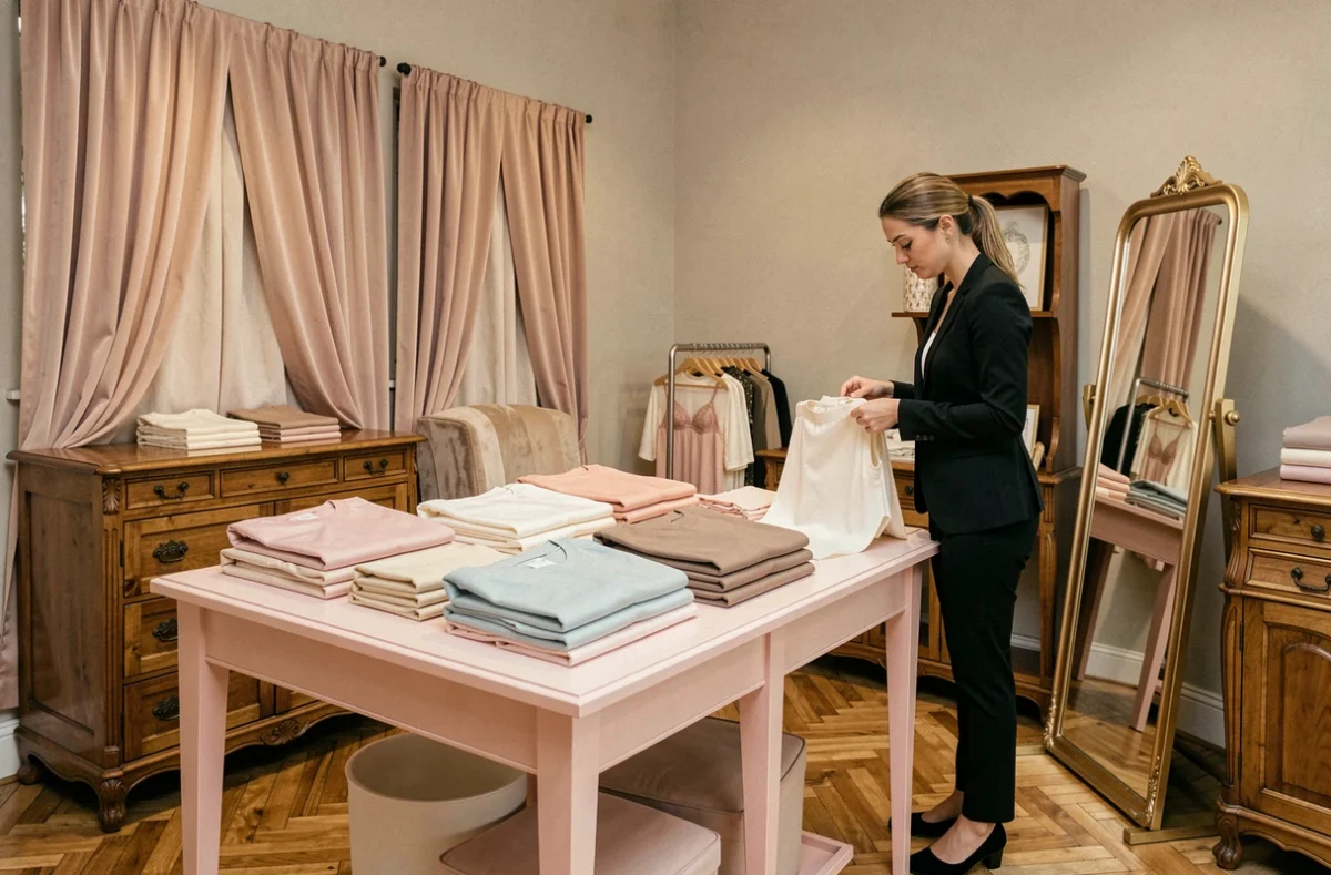 Intérieur raffiné de la boutique Adimo by Crinoligne avec des présentoirs de lingerie et de gaines en tons pastels