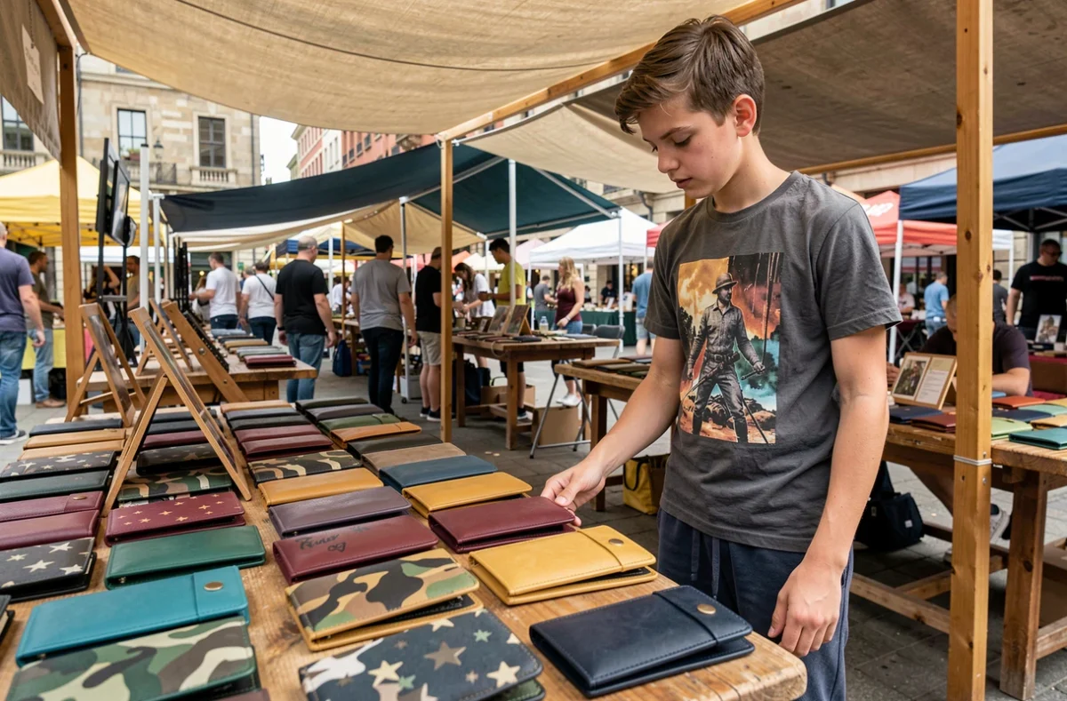 Adolescent parcourant un étalage de portefeuilles personnalisables colorés sur un marché en plein air