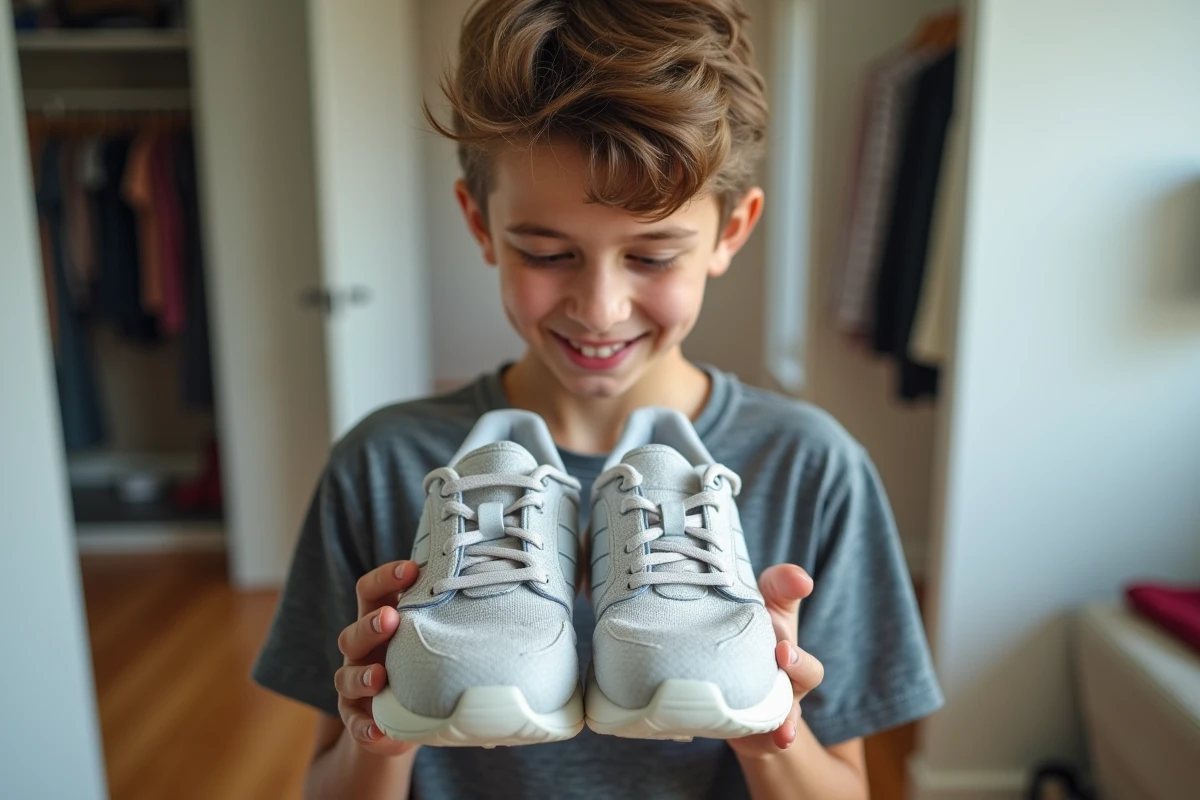 Adolescent examine sneakers propres dans le couloir
