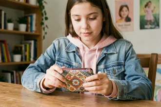 Adolescente examinant un portefeuille personnalisé avec des motifs floraux et géométriques colorés dans sa chambre