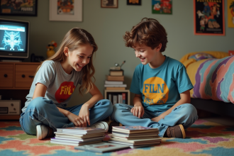 Jeunes adolescents avec cassettes et posters 90s