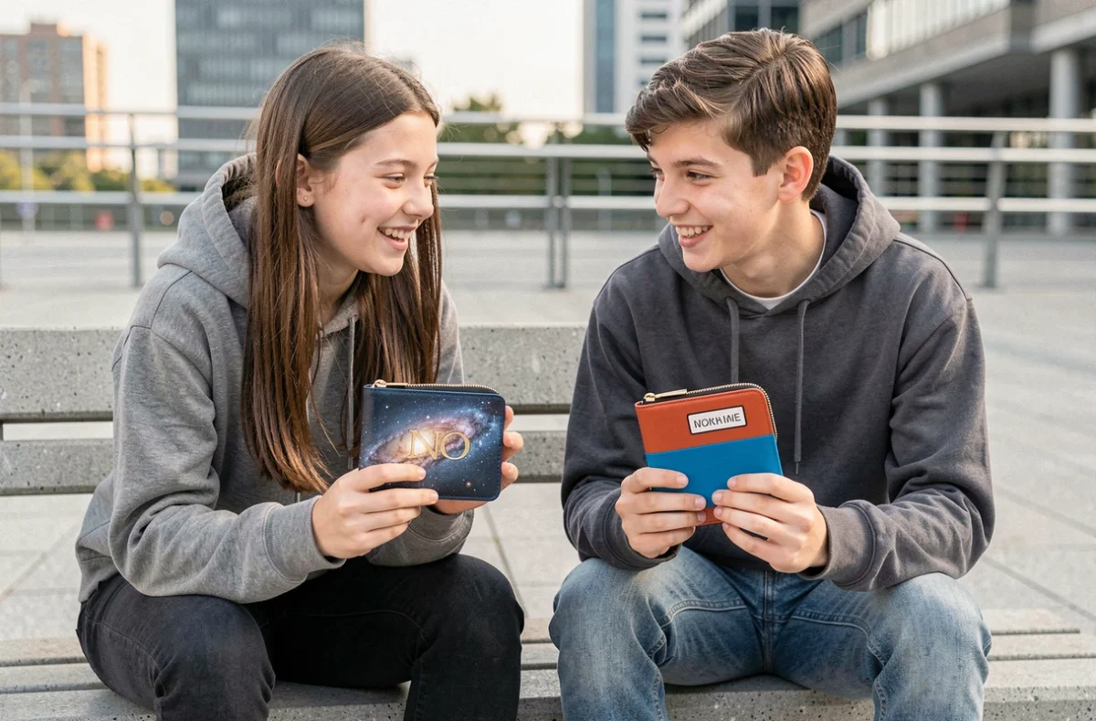 Deux adolescents comparant leurs portefeuilles personnalisés avec initiales et motifs colorés sur un banc urbain
