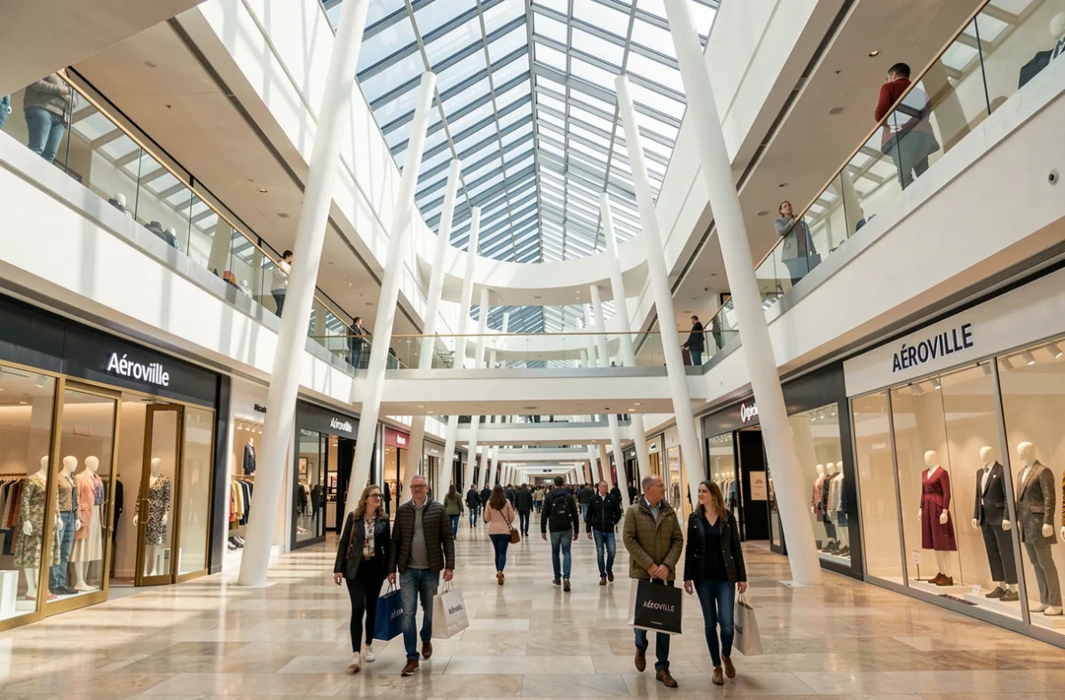 Atrium intérieur d'Aéroville avec son architecture moderne en verre et ses boutiques de mode sur plusieurs niveaux