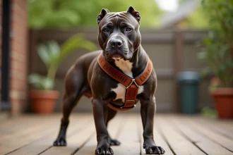 American Bully musclé portant un harnais en cuir avec logo bullrot dans un jardin