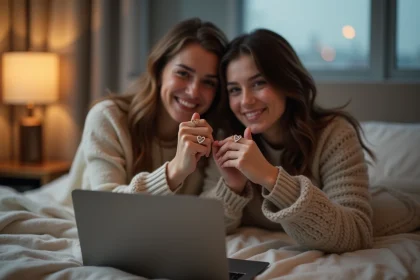 Deux jeunes femmes souriantes lors d'un appel vidéo avec des bagues cœur