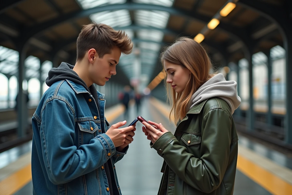 Deux amis adolescents regardant leurs bagues cœur sur une plateforme de train