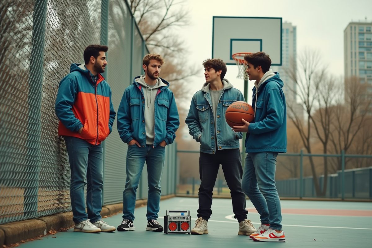 Groupe d amis jouant au basketball dans un parc 90s