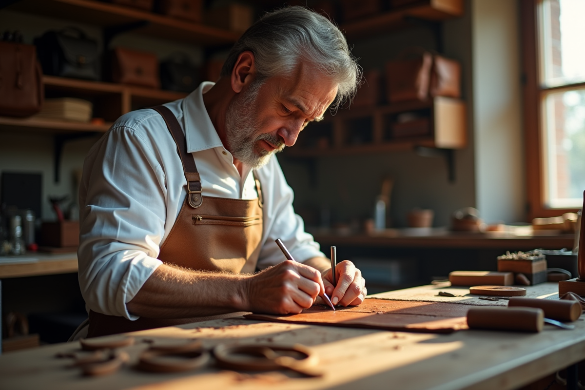 Artisan cuir travaillant à la main dans son atelier