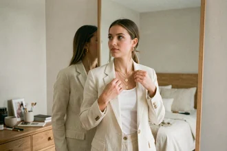 Jeune femme associant des bijoux dorés SRD à une tenue casual chic devant un miroir de chambre minimaliste