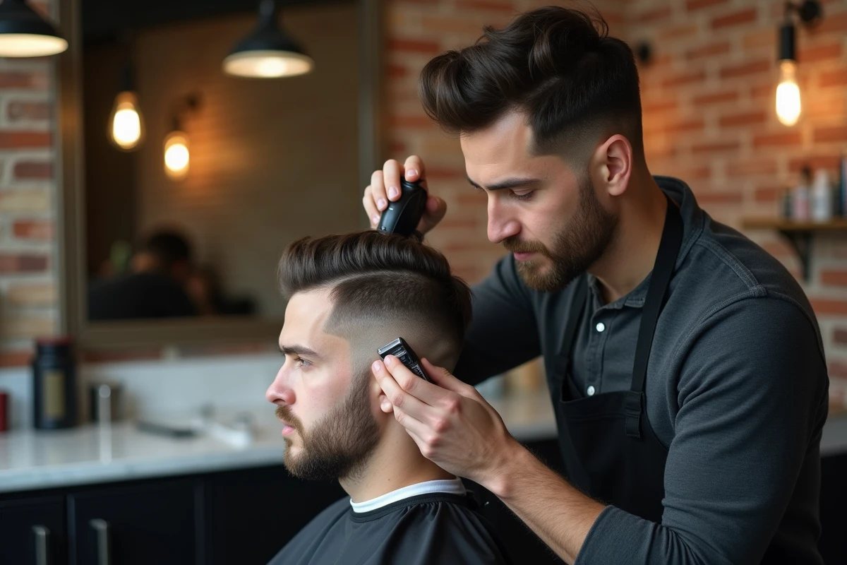 Barbier réalisant un dégradé espagnol précis sur les tempes d'un client en salon de coiffure moderne
