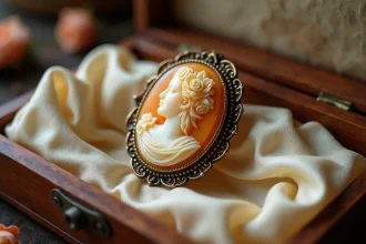 Broche camée antique en coquille sculptée sur velours crème, détail macro des couleurs ivoire et miel avec filigrane doré