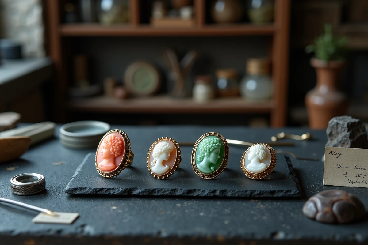 Plateau de bijoux camée variés en corail rose, pierre dure verte, coquille et lave noire sur ardoise avec outils de bijoutier