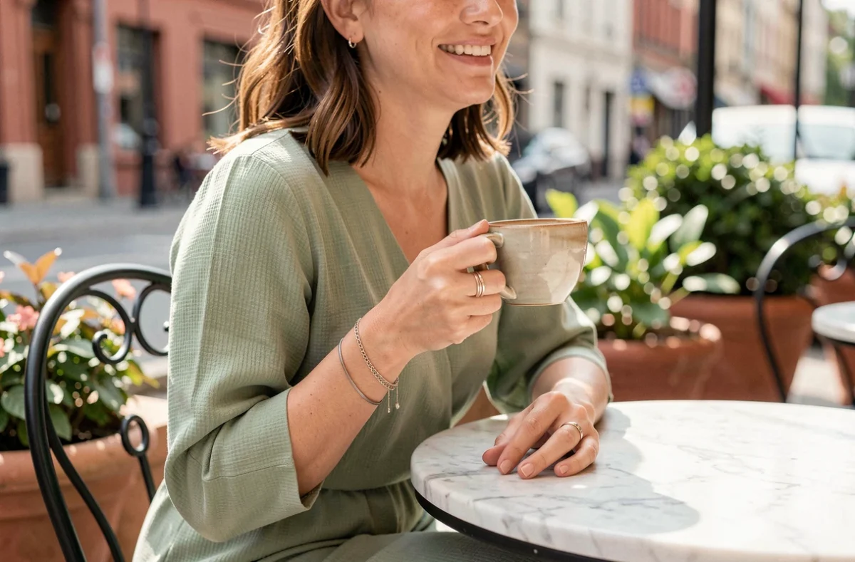 Femme portant des bijoux fins SRD au café, associés à une robe verte pour un look du quotidien élégant