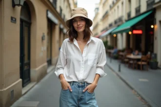 Jeune femme portant un bob beige et une chemise en lin blanc dans une rue parisienne, illustrant comment un chapeau simple peut transformer une tenue décontractée