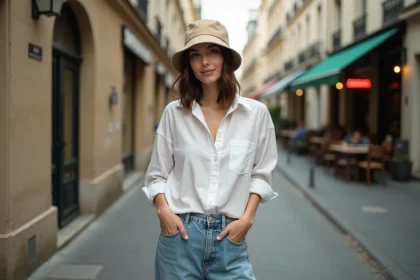Jeune femme portant un bob beige et une chemise en lin blanc dans une rue parisienne, illustrant comment un chapeau simple peut transformer une tenue décontractée