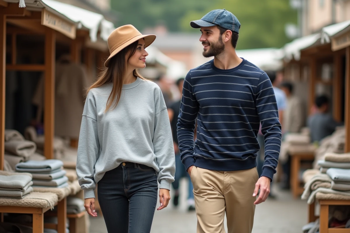 Deux amis portant respectivement un bob camel et une casquette en denim dans un marché en plein air, illustrant différentes façons d'accessoiriser une tenue neutre avec un chapeau