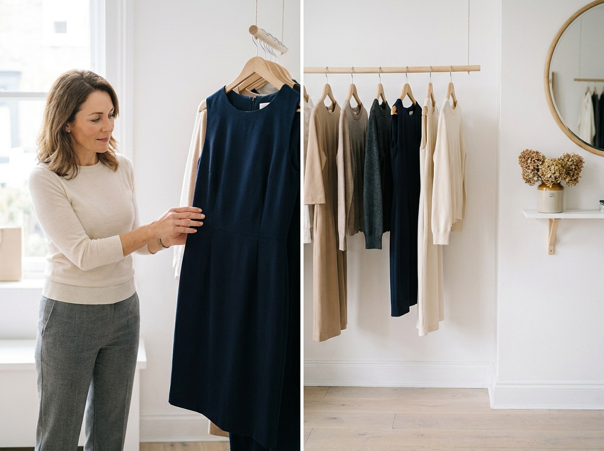 Femme élégante inspectant une robe bleu marine dans une boutique indépendante épurée, entourée d'une sélection capsule de quelques robes essentielles