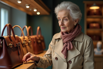 Femme élégante dans une boutique de sacs vintage à Paris