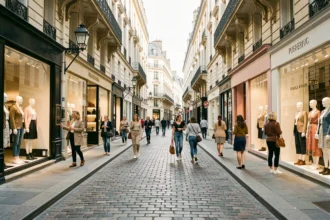 Rue commerçante de Bordeaux avec des boutiques de prêt-à-porter féminin et des vitrines élégantes