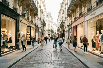 Rue commerçante de Bordeaux avec des boutiques de prêt-à-porter féminin et des vitrines élégantes