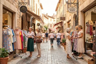 Rue commerçante animée de l'Hérault avec des boutiques de prêt-à-porter féminin et des femmes faisant du shopping