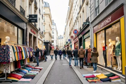 Rue commerçante animée en Seine-Saint-Denis avec des boutiques de vêtements et des passants diversifiés