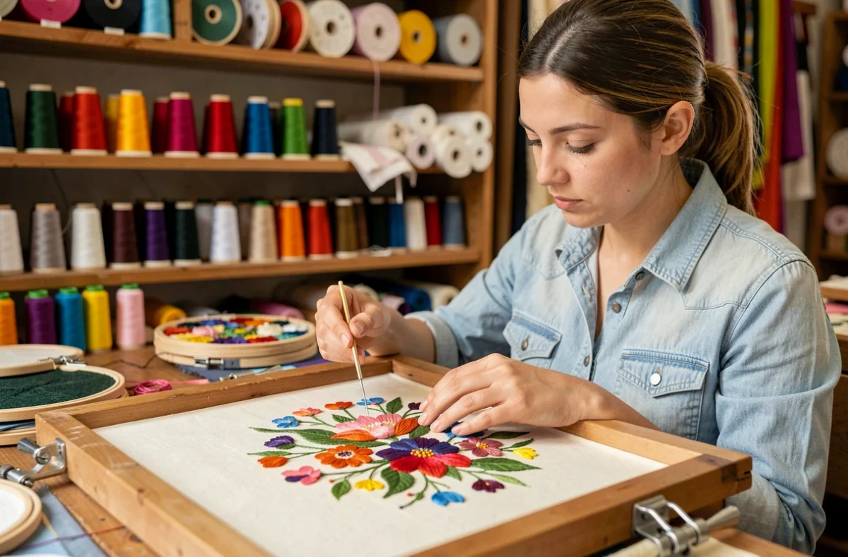 Artisane de Broderie 13 travaillant sur une broderie sur tissu dans l'atelier marseillais du 6e arrondissement