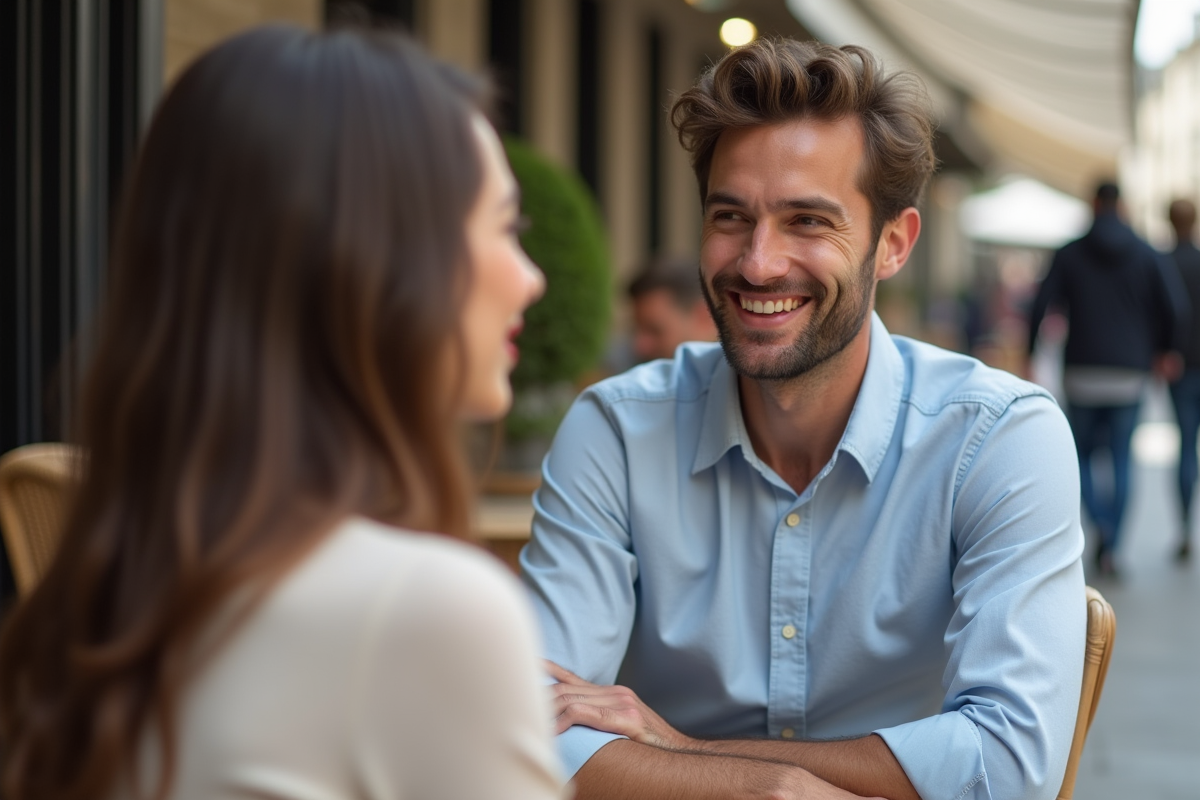 Homme souriant avec femme aux lèvres rouges dans un café parisien