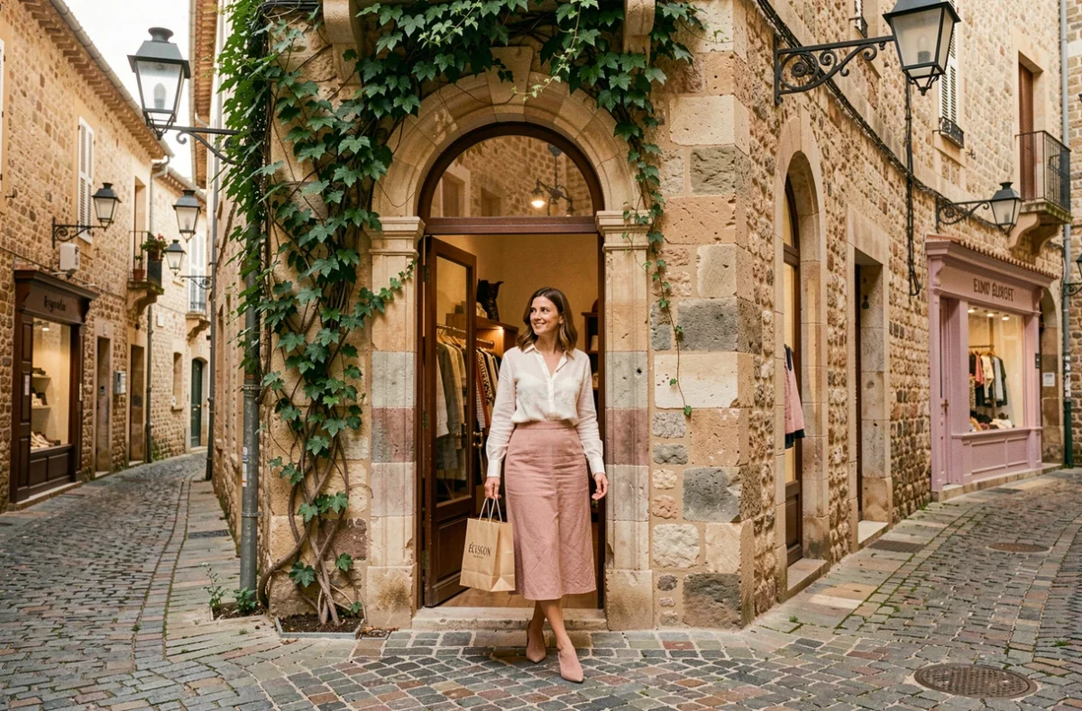 Femme élégante sortant de la boutique Casilda dans le quartier de l'Écusson à Montpellier sous une arche en pierre médiévale