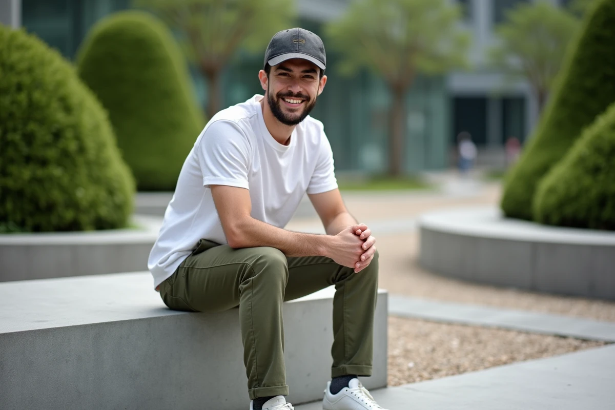 Homme en t-shirt blanc et chino olive portant une casquette noire délavée dans un parc urbain, démontrant l'impact d'un accessoire de tête sur une tenue minimaliste