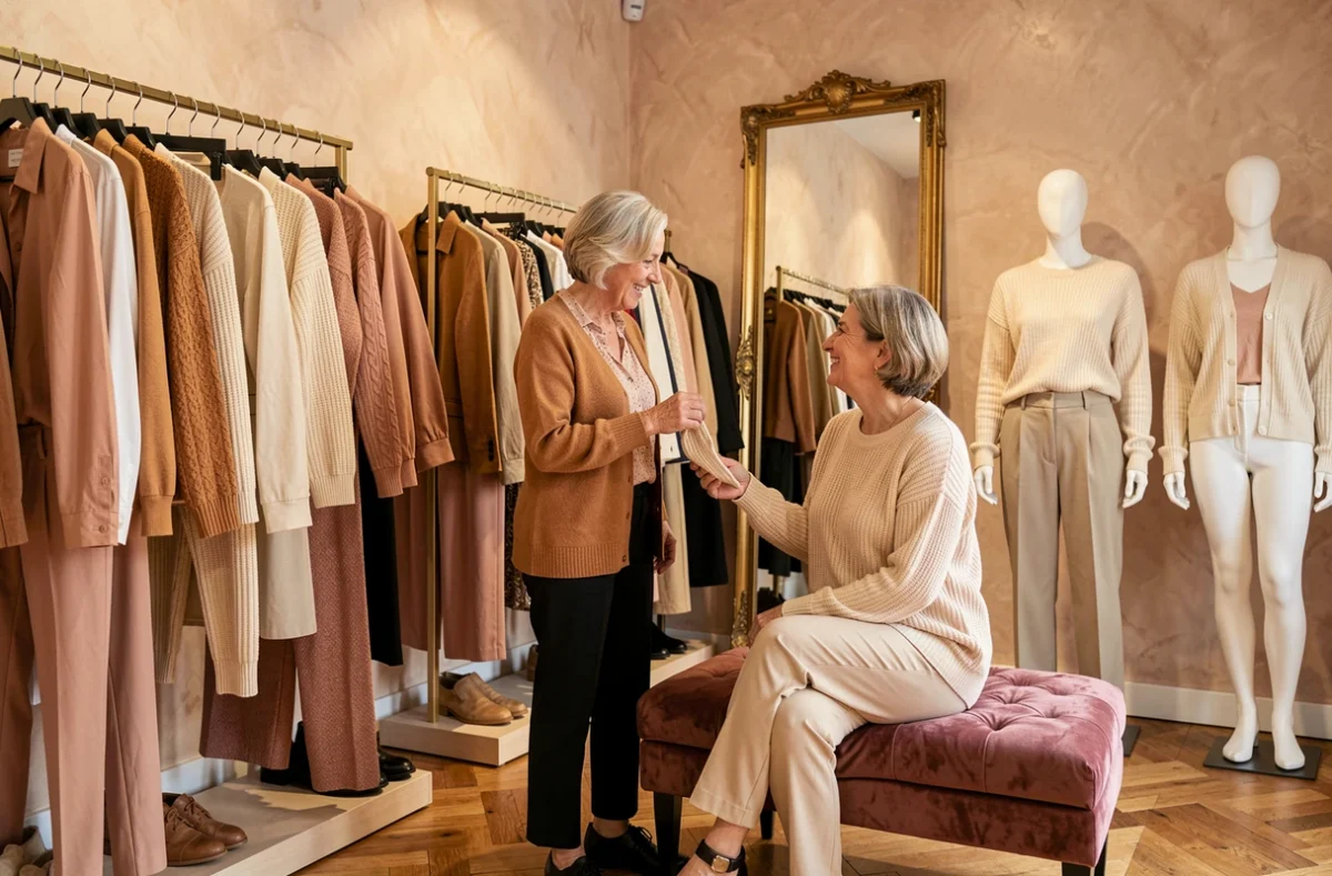 Vendeuse de la boutique Caty Lesca à Montpellier conseillant une cliente assise sur un banc en velours entourée de vêtements féminins