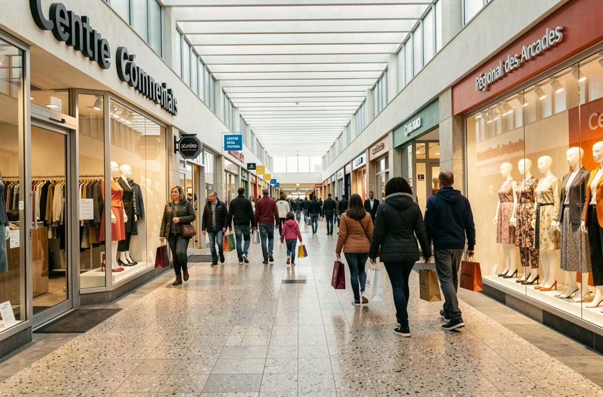 Galerie intérieure du Centre Commercial des Arcades avec ses boutiques de mode et ses familles en promenade