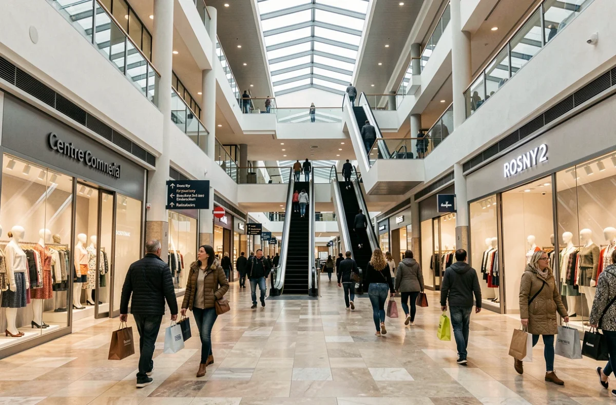 Hall d'entrée du Centre Commercial Rosny 2 avec ses boutiques de mode et ses escaliers roulants sur plusieurs niveaux