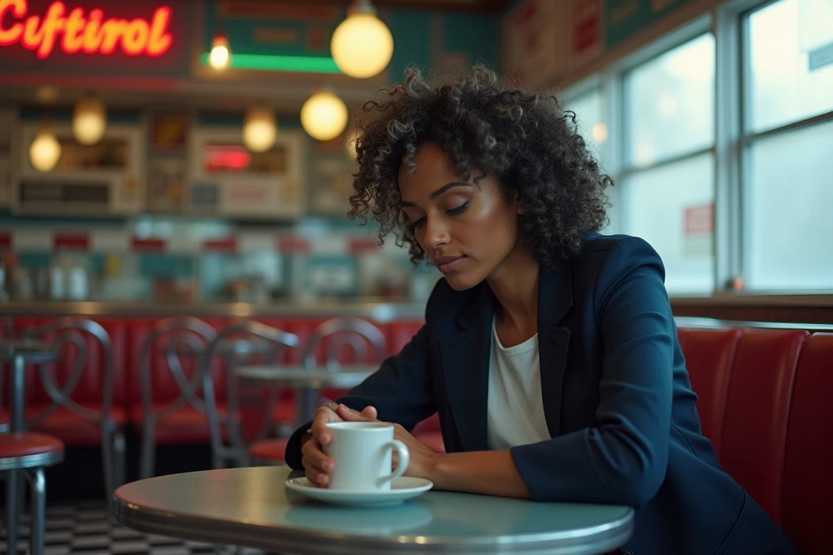 Femme d'âge mûr aux racines américaines assise dans un diner rétro américain, illustrant la complexité identitaire et le mythe de la culture populaire américaine