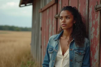 Femme métisse aux origines américaines debout devant une grange en bois peinte en rouge, symbolisant les racines rurales et l'identité culturelle nuancée