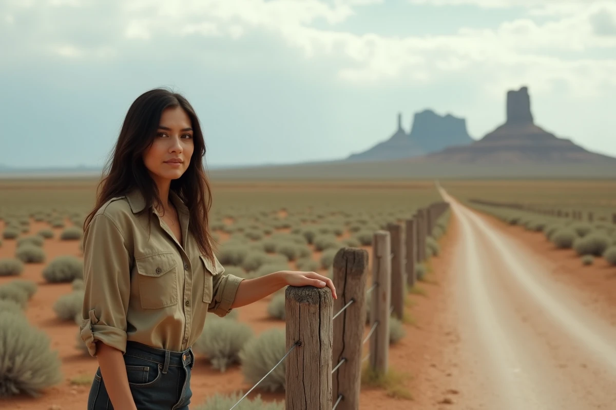 Femme aux origines métissées dans un paysage de plaine du Sud-Ouest américain, évoquant la quête identitaire et la réalité nuancée des mythes culturels américains