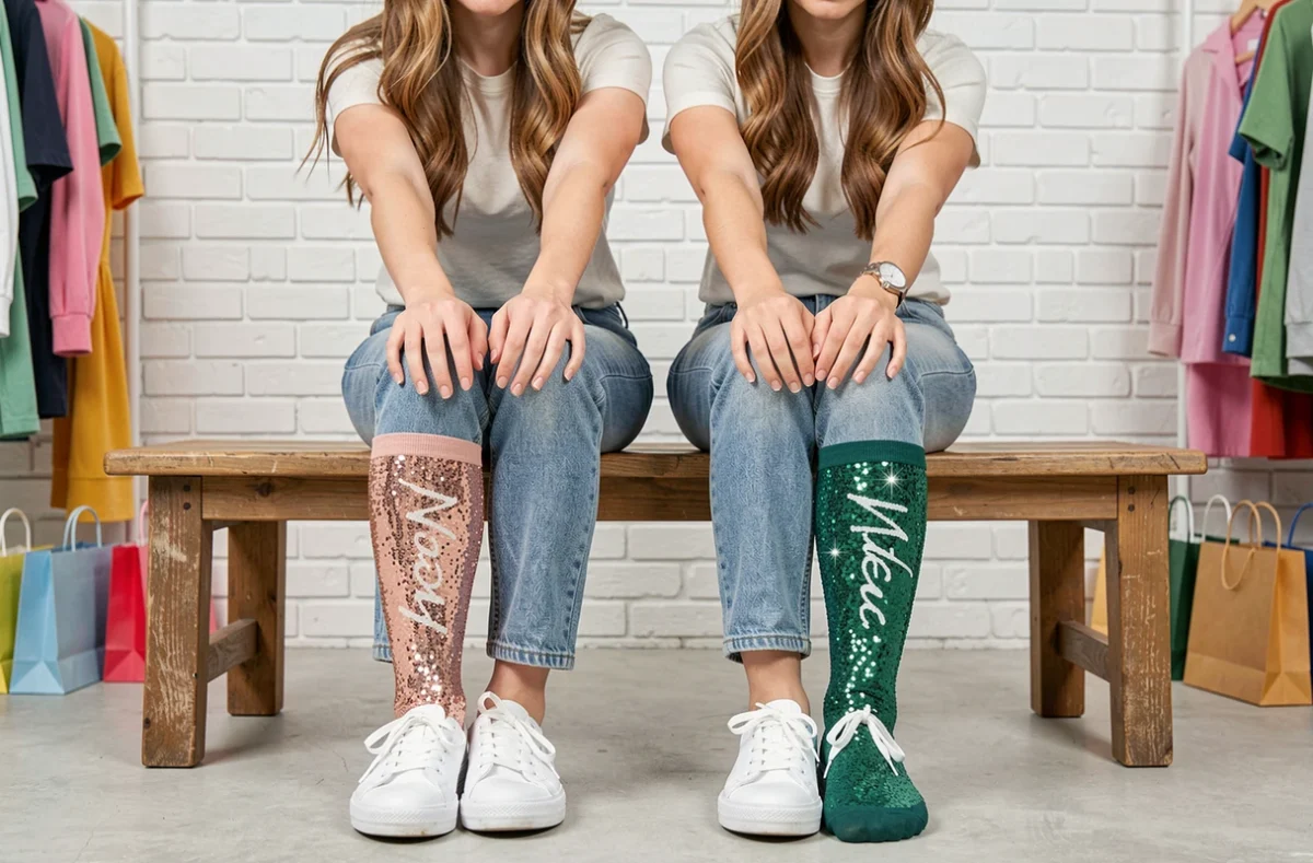 Deux femmes montrant leurs chaussettes paillettes message Merci et Magic dans une boutique de mode