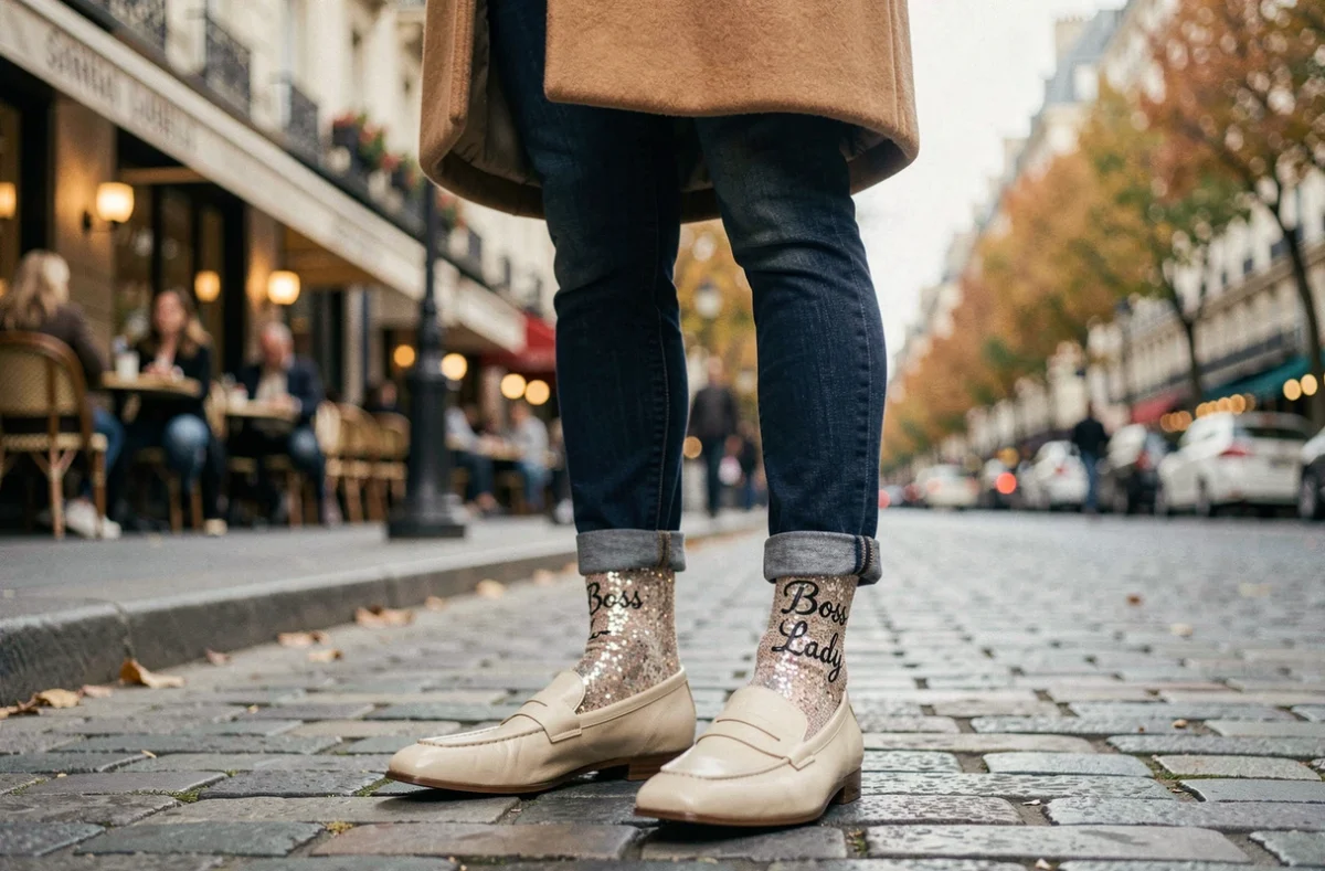 Femme en manteau camel portant des chaussettes à paillettes Boss Lady dans une rue parisienne