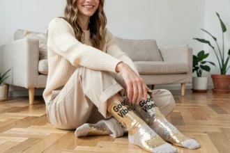Femme portant des chaussettes paillettes avec message Good Vibes dans un salon scandinave minimaliste