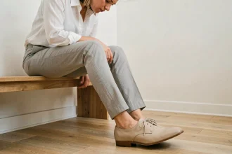 Femme assise remarquant que sa chaussure trop grande glisse au talon, avec un espace visible entre le talon et la semelle