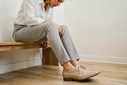 Femme assise remarquant que sa chaussure trop grande glisse au talon, avec un espace visible entre le talon et la semelle