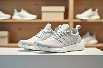 Paire de chaussures Sursell exposée sur une étagère en bois blanc dans une boutique minimaliste