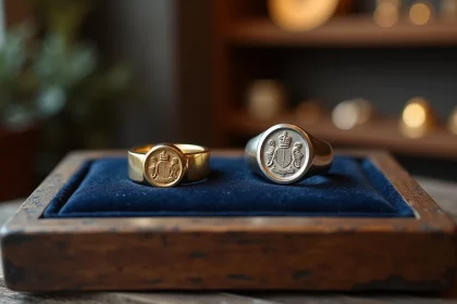Chevalière familiale en or jaune et en or blanc côte à côte sur velours dans un atelier de joaillerie