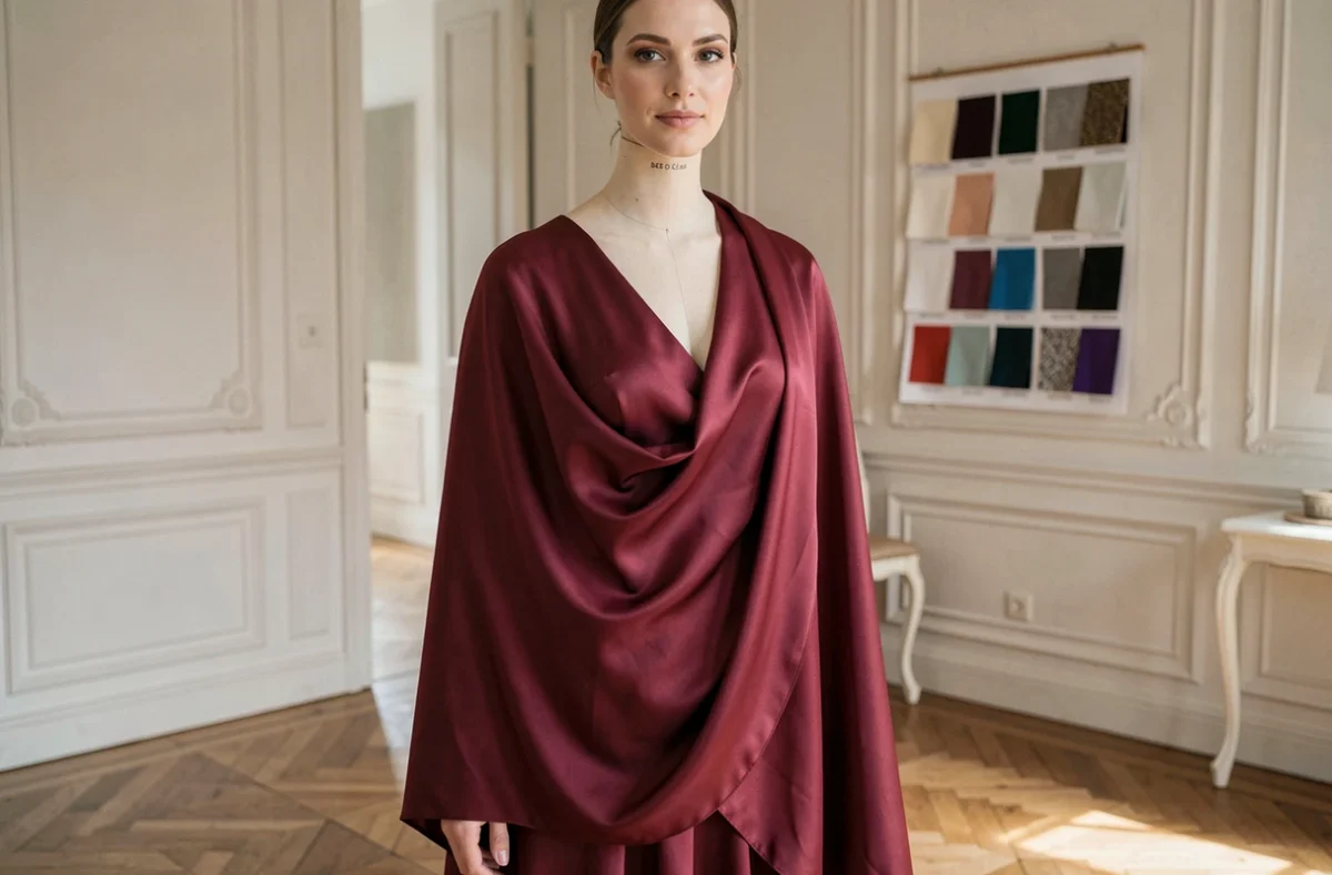 Couturière de Chewö Couture drapant un tissu de soie sur un mannequin dans son studio à Aix-en-Provence